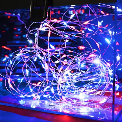 Image of Curyidy 4th of July Decorations Lights, Red White Blue Fairy Lights 2 Pack 100LED String Lights Remote Control Patriotic Lights for Independence Memorial Day Decorations