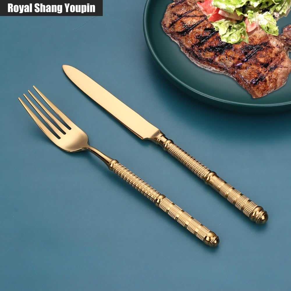 Luce Di Lusso Solido Rilievo Manico Rotondo Cucina Acciaio Inossidabile Posate Stoviglie Posate Set Coltello Da Bistecca Forchetta Cucchiaio Cucchiaino (Oro,5 pezzi)