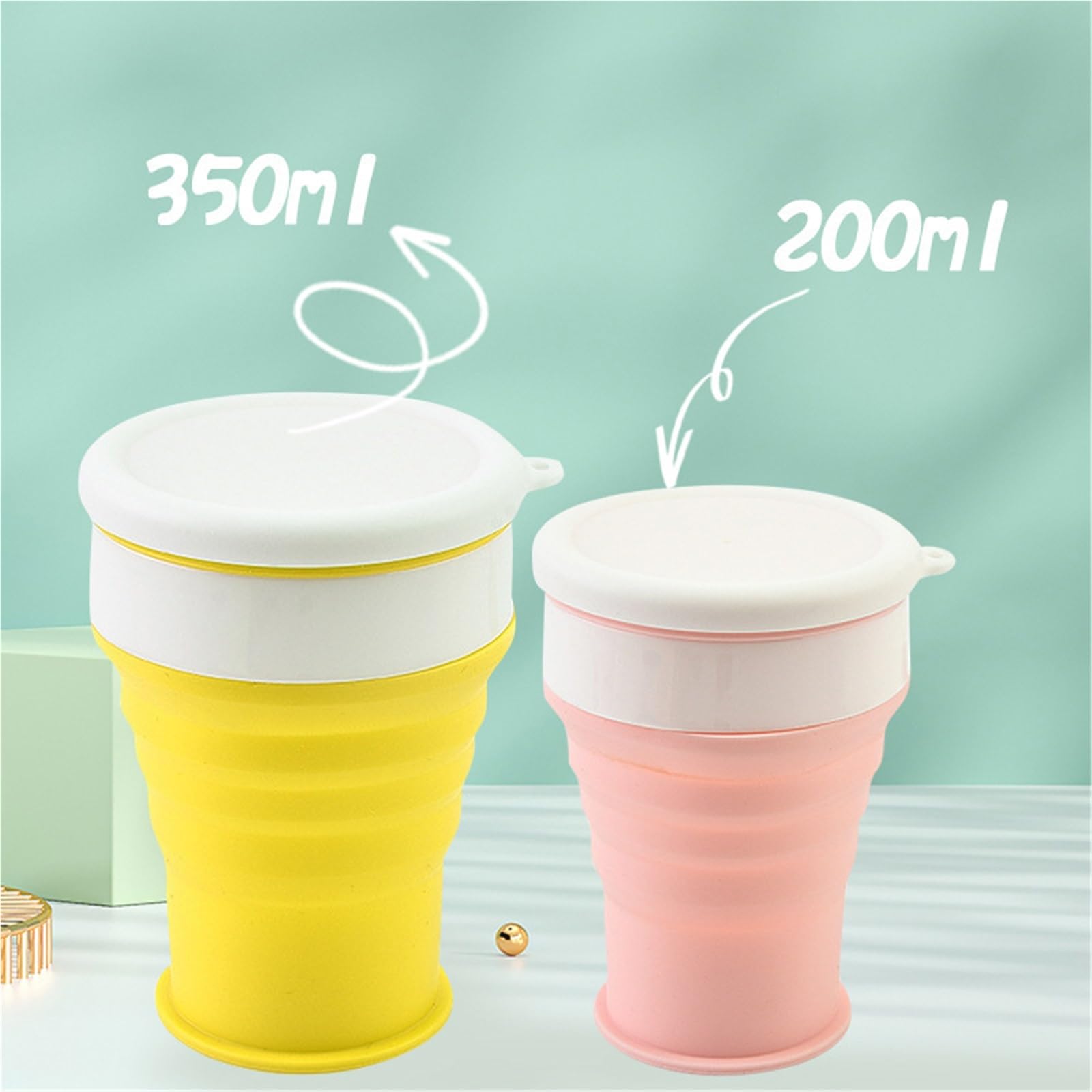 Taza plegable Taza de silicona Taza de agua plegable silicona portátil, telescópica 200/350ml, con tapa for viajes y acampadas(Green,350ml)