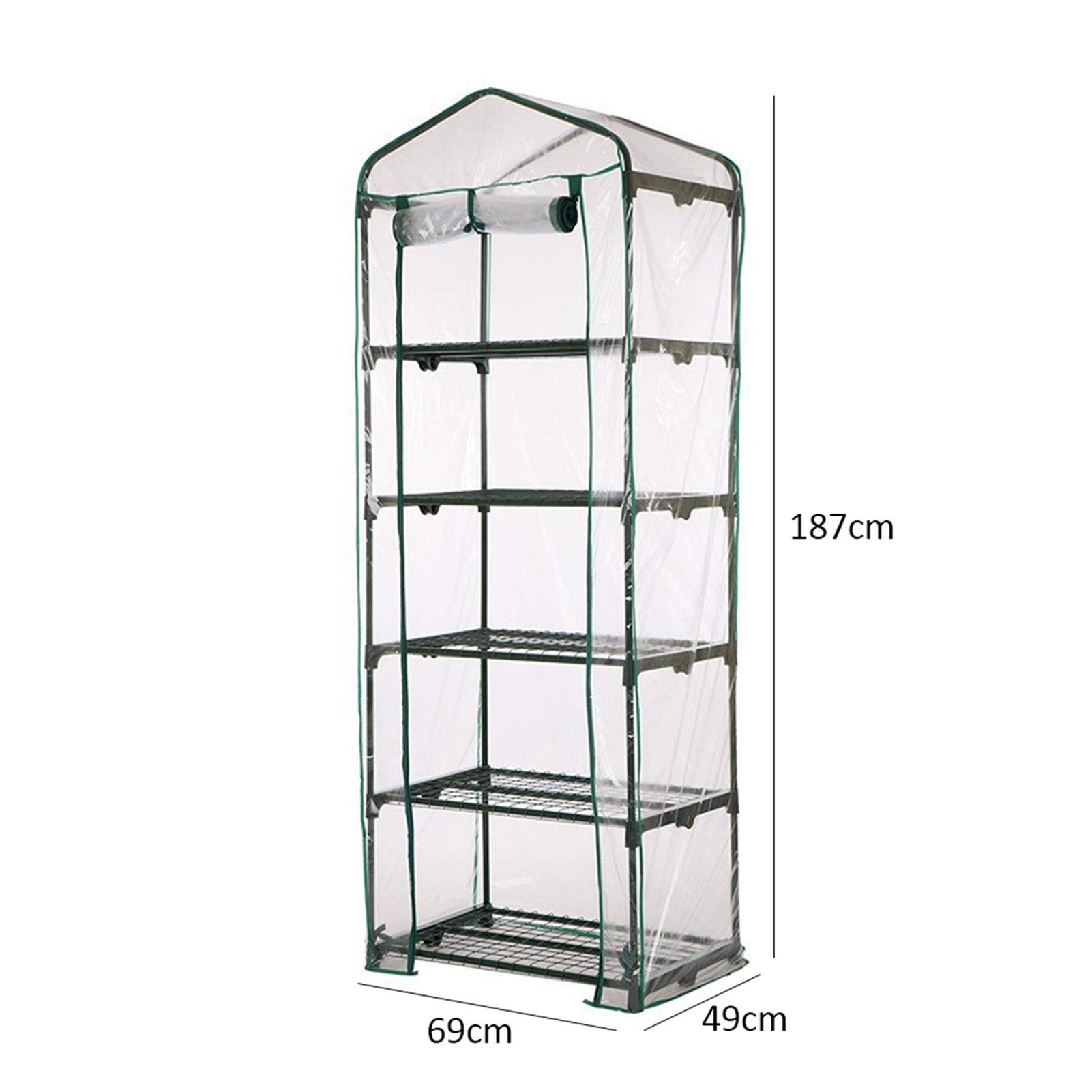 Copertura per serra piccola a 5 ripiani, 69 x 49 x 187 cm, impermeabile, trasparente, in PVC con porta arrotolabile, resistente, per coltivare verdure, fiori e piantine (telaio non incluso)
