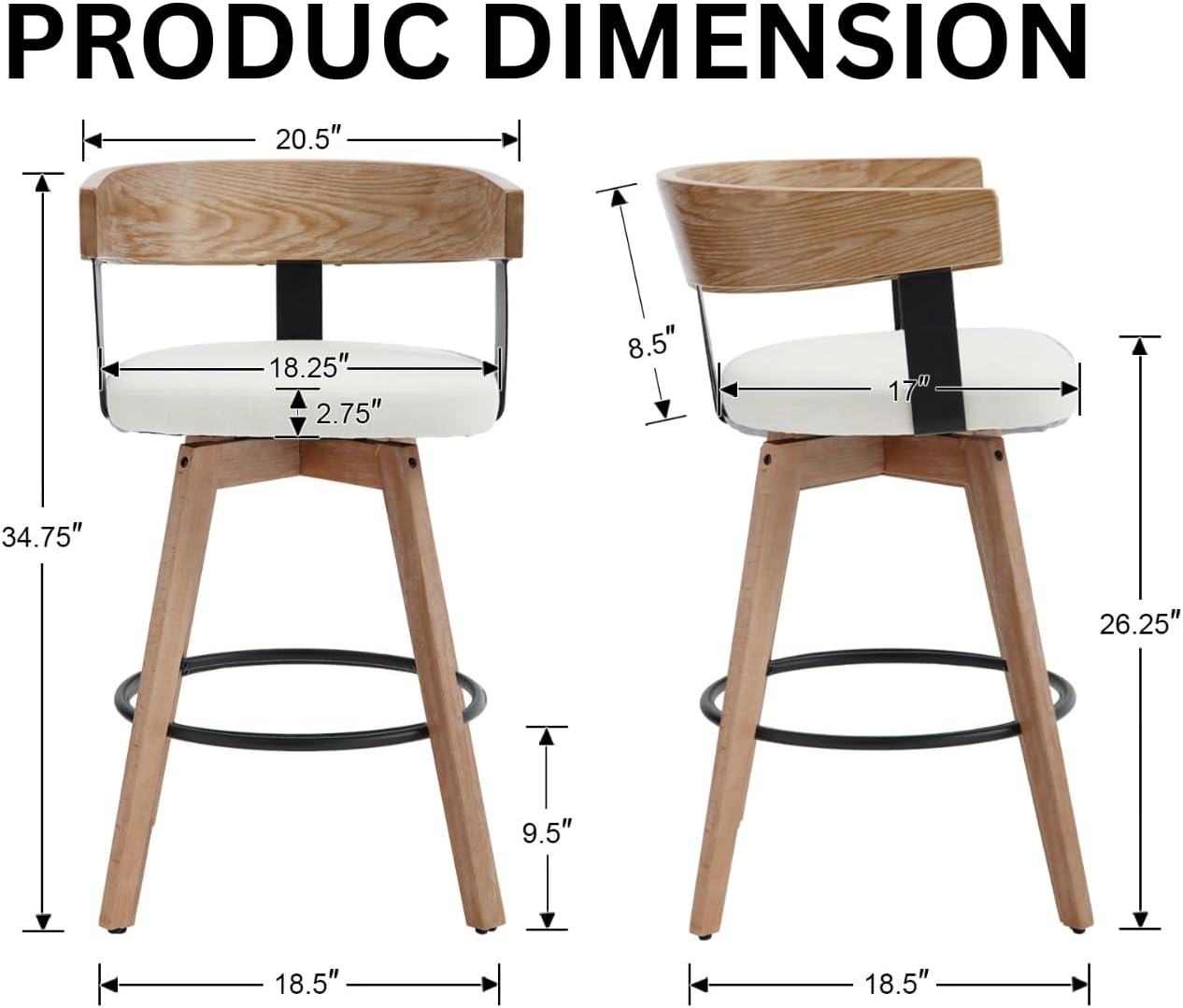Swivel Bar Stools Set of 2, 26" Upholstered Counter Height Bar Stools with Footrest, Modern Barrel Bar Chairs Wood Barstool with Linen Seat for Dining Room Kitchen Island Home Bar, White