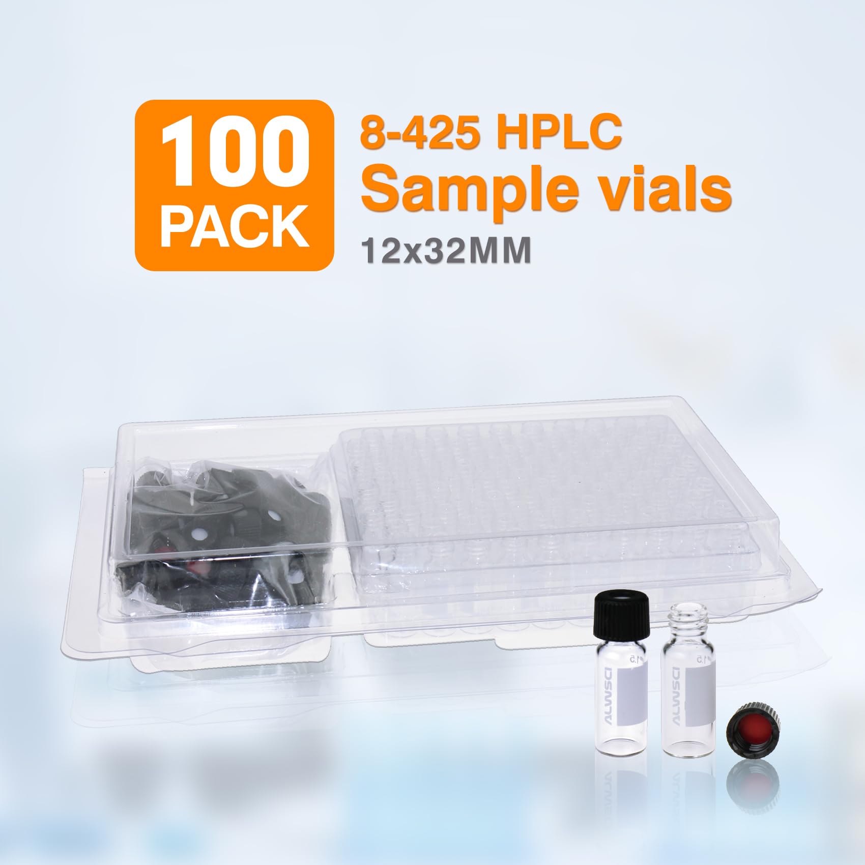 ALWSCI Fiale di Vetro per HPLC da 2 ml, Fiale per Autocampionatore Trasparenti da Laboratorio, Fiala Trasparente 8-425, Tappo a Vite Blu con Foro, Setti in Silicone Rosso PTFE&Bianco, 100 pz.