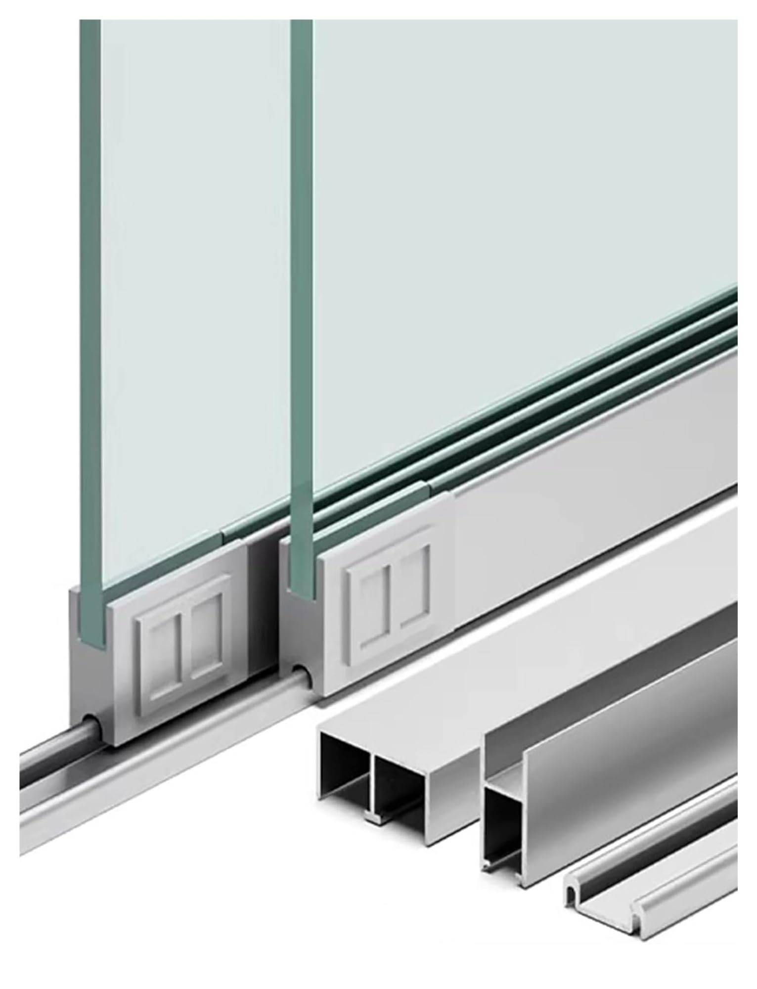 Kit de Puerta Corredera de Cristal 8 mm – Doble Riel de Aluminio con Rodillos, Herrajes Sin Taladro para Vitrinas, Armarios y 2 Paneles de Cristal(Silver,130cm/4.3ft)