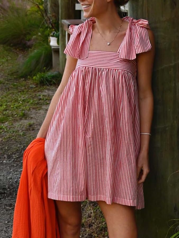Image of Women Tie Shoulder Mini Dress Floral Ruffle Babydoll Dress Boho Square Neck Sundress Cute Summer Dresses