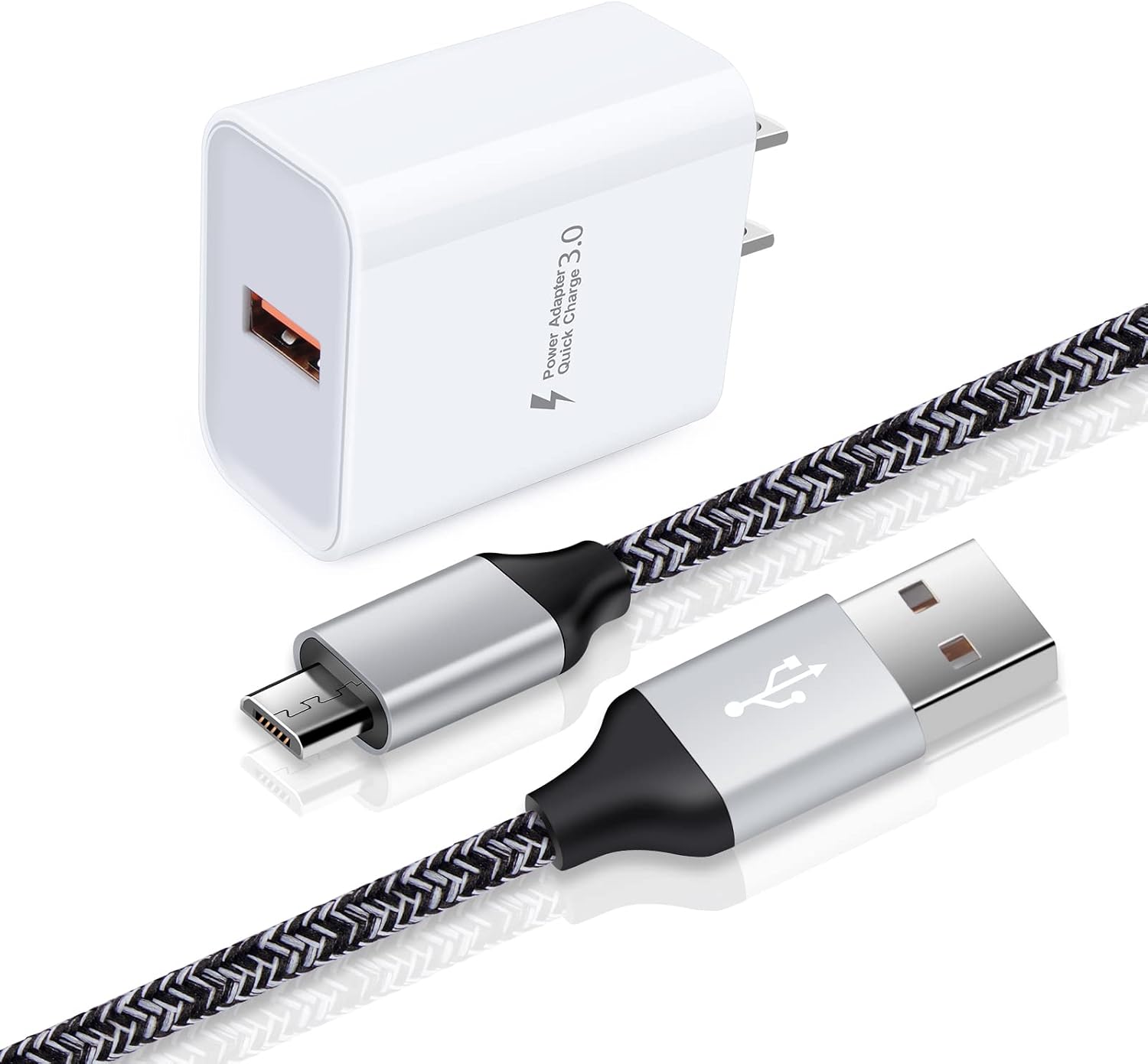 Fast Charger Android Wall Charger Cube QC 3.0 Block Plug with Micro USB Cable Phone Charging Cord 3FT for Motorola Moto E 2020,E7 Plus,E6s E6 Play E5,Samsung Galaxy J8 J7V J3V J5,J7 J3 Prime S7 S6 S5