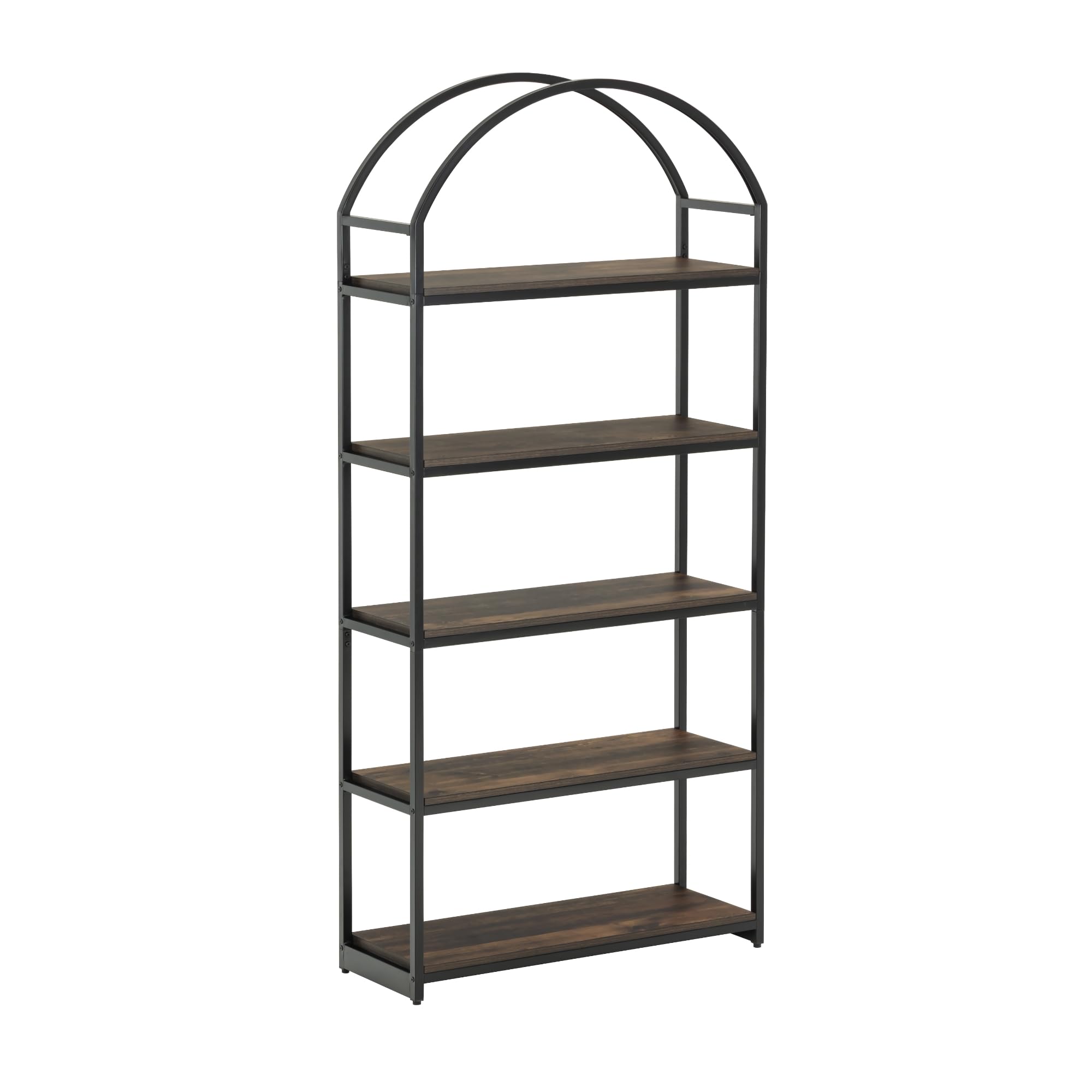 Nathan James Haven Etagere Bookshelf, 5-Shelf Bookcase in Nutmeg Wood and Black Metal Frame with Arch Top and Open Shelves, Nutmeg/Black