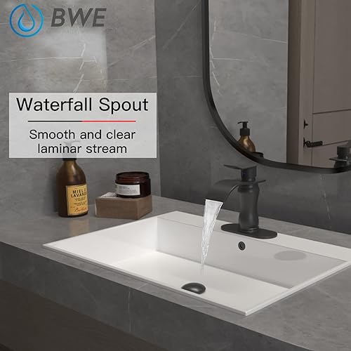 Miniatura 4 de BWE Grifo de baño negro cascada para fregadero, 1 agujero, mango único con tapón de drenaje desplegable y mangueras de suministro, piezas de granja,