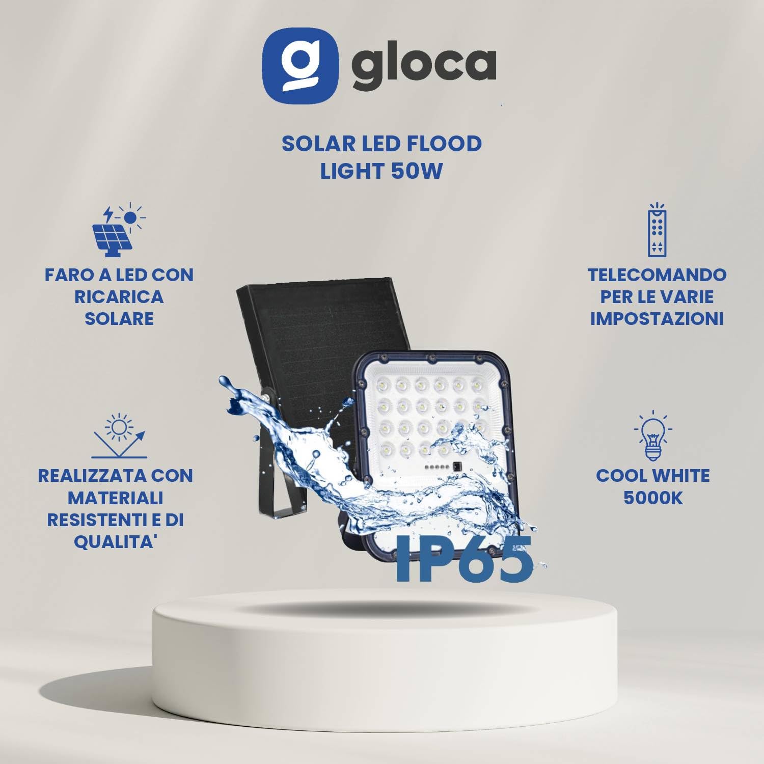 gloca Faro Solare A LED 50W Per Esterno Con Pannello Solare E Telecomando