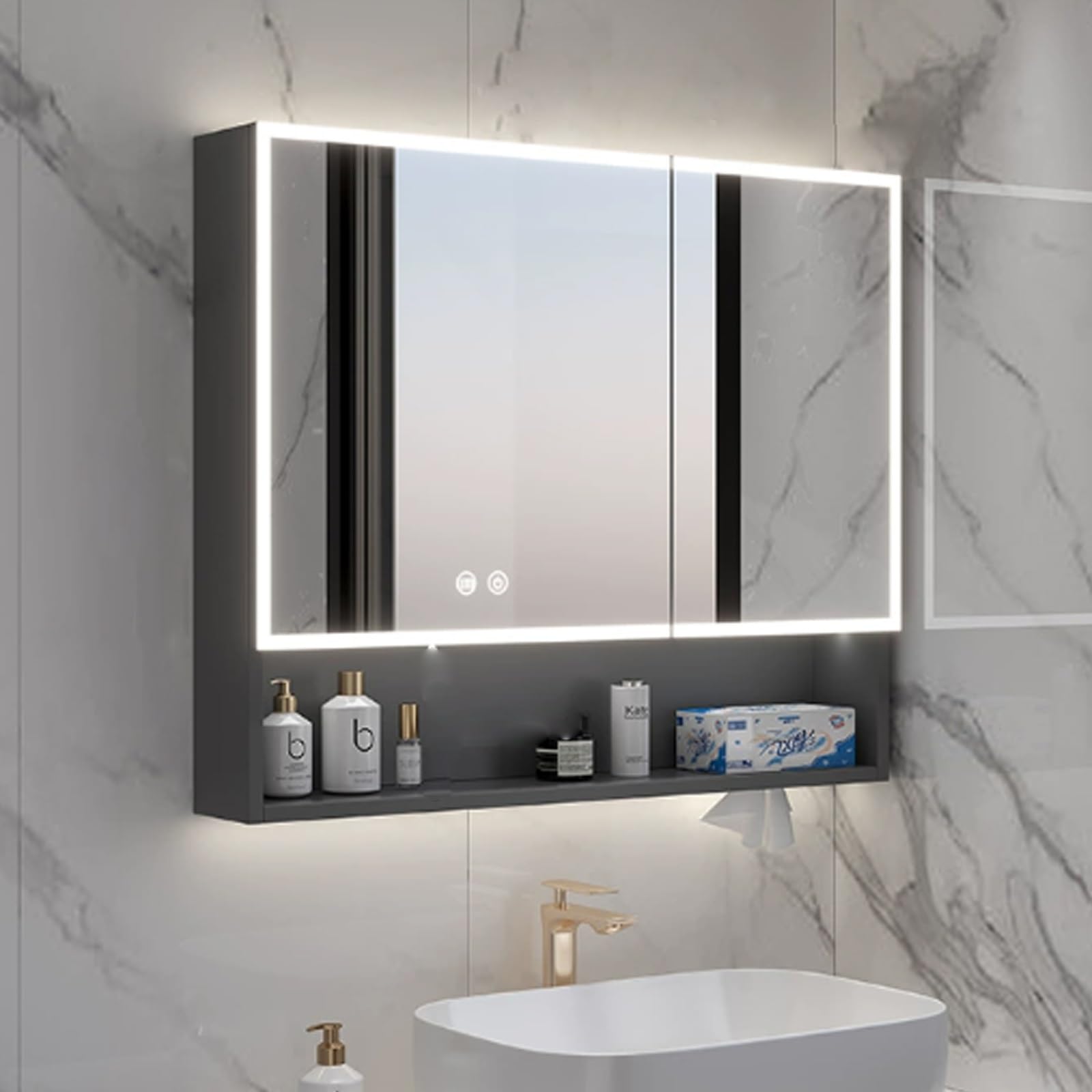 FGXHHS Smart Cabinet with Light, Modern Anti-Fog Makeup Storage, Touch Switch, Toilet Vanity nizer Paper Hole, Gray 70x13x70cm (27.6x5.1x27.6in)