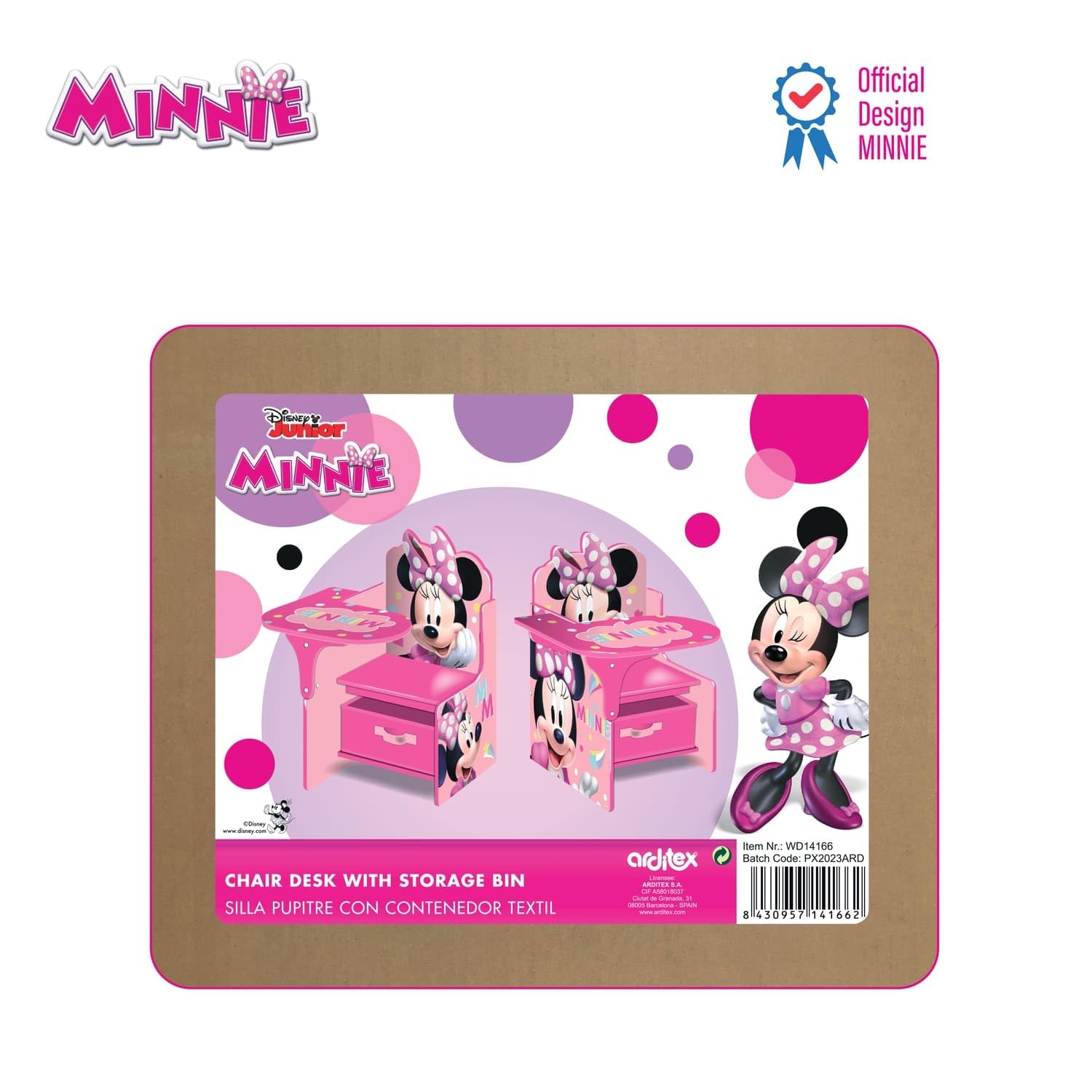 ARDITEX - Silla-Pupitre Infantil de Madera con contenedor Textil de Minnie Mouse de Disney - 62x30x60cm - Color Rosa - Ideal para Manualidades, estudiar o Jugar.