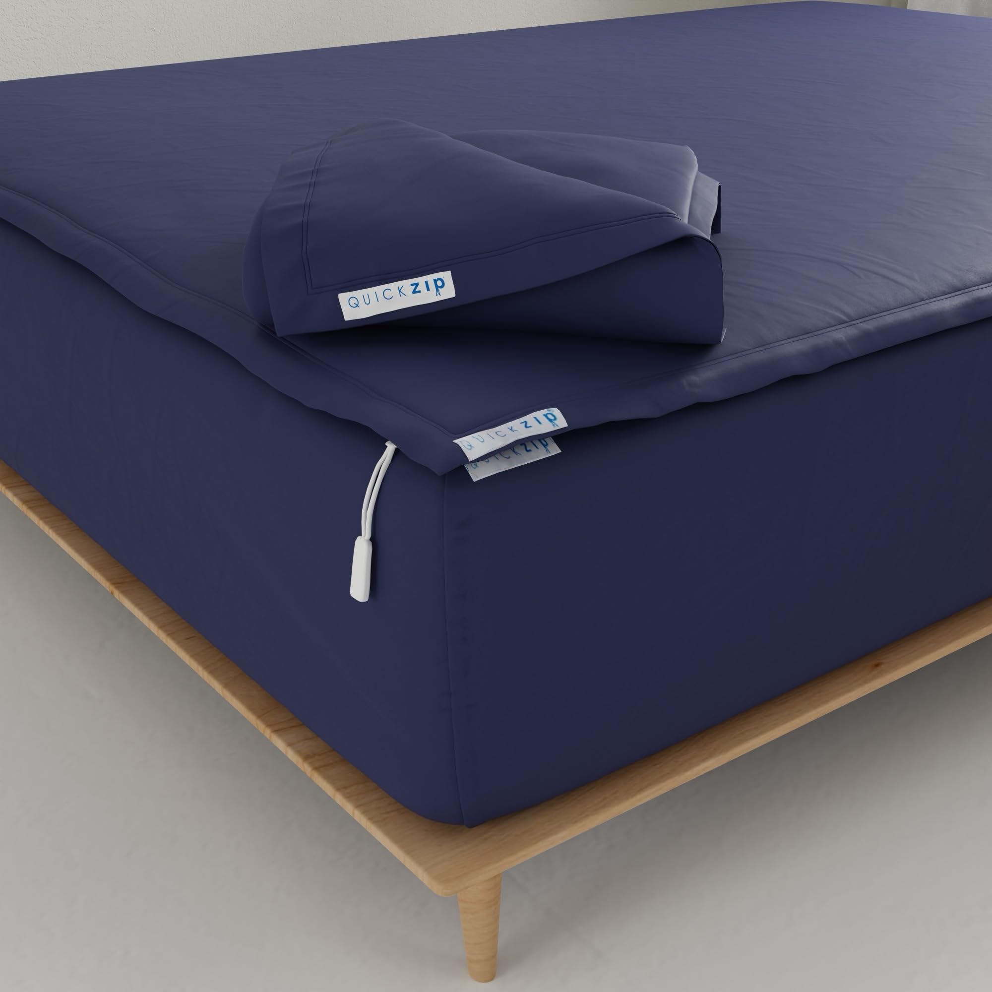 QuickZip Fitted Plus Spare Bundle: 1 Fitted Sheet (Base + Zip Sheet) &amp; 1 Zip Sheet - Easy to Change, Won’t Pop Off - Soft Percale 400 TC 100% Cotton – 17.5” Deep Pockets King Size Sheets – Deep Navy