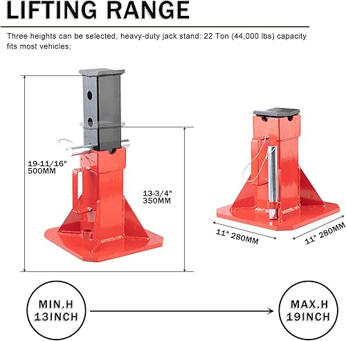 Miniatura 2 de 22 toneladas (44,000 libras) Heavy Duty Pin Type Professional Car Jack Stands con bloqueo Altura ajustable a 19.75" Ajuste para apoyar camiones,