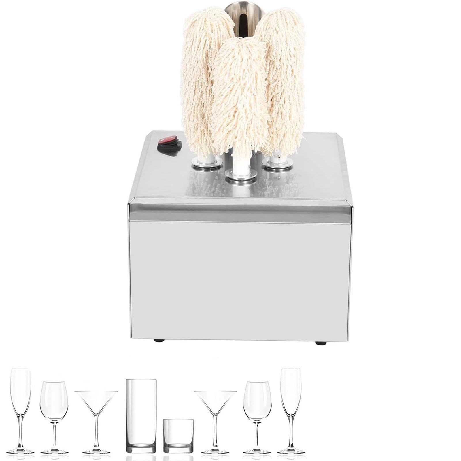 XueFulxion Commercial Glass Polisher Machine,Electric Wine Glass Polisher,Stainless Steel,60°C/140℉ Air Drying,Waterproof Switch,Removing Water Stains and Fingerprints,with Microfiber Brushes 3heads