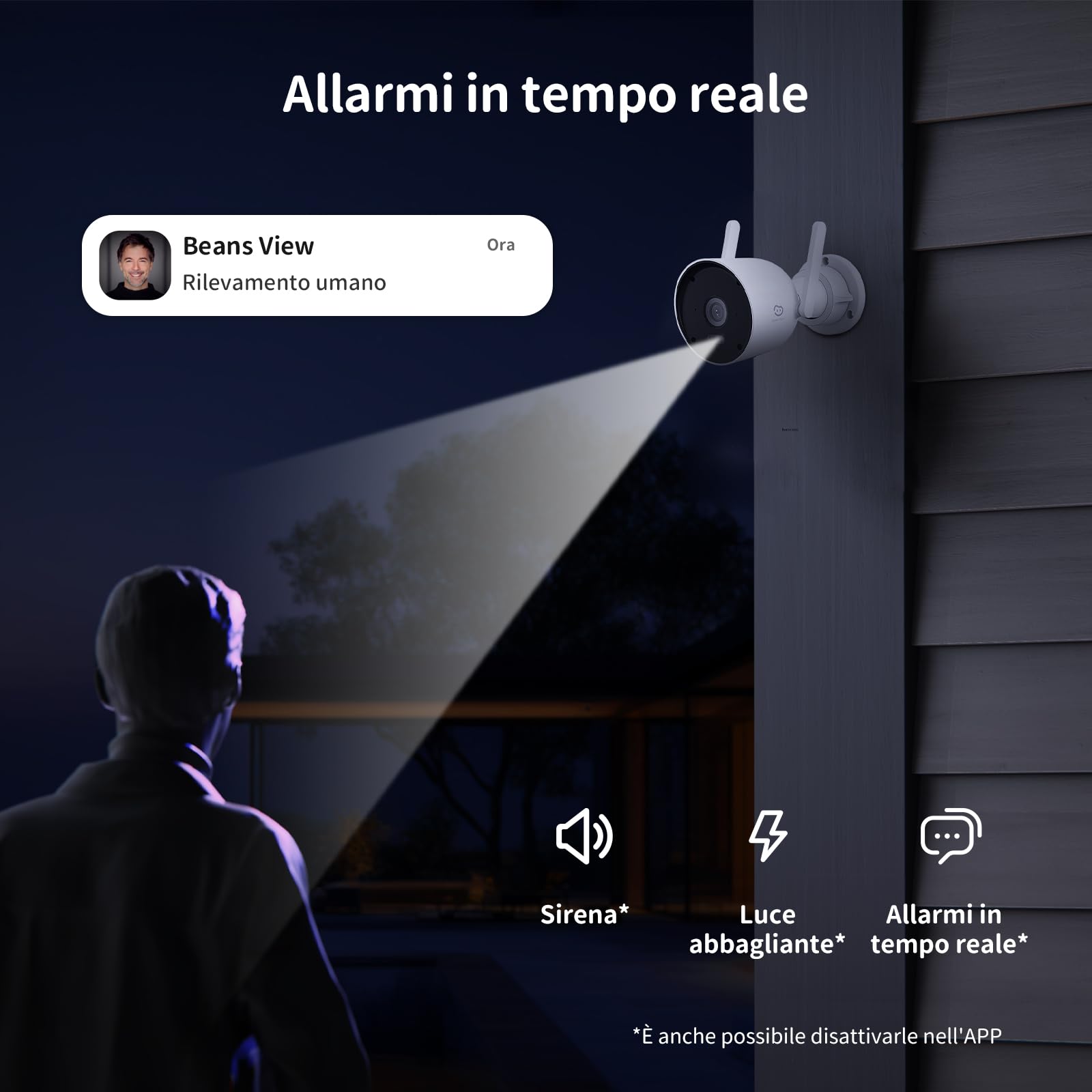 Beans View Telecamera Wi-Fi da Esterno 4K, Videocamera Sorveglianza Dual-Band 2.4/5GHz, Visione Notturna a Colori, Rilevamento AI Persone e Veicoli, Allarme Acustico e Visivo, ONVIF/RTSP, IP66 (D110)
