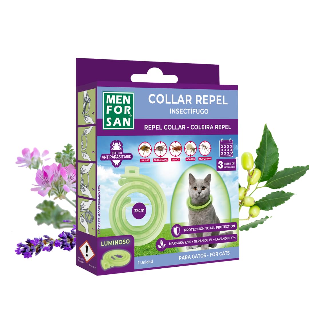 MENFORSAN Collar luminiscente Anti-Insectos para Gatos, con Tres repelentes Naturales Margosa, Geraniol y Lavandino, Cítrico, Verde, 30 cm