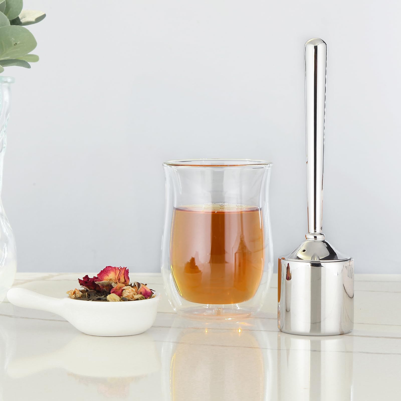 Easyworkz Infusore per tè in acciaio inox con manico cavo resistente al calore, colino a rete fine con supporto per foglie sciolte, finitura cromata