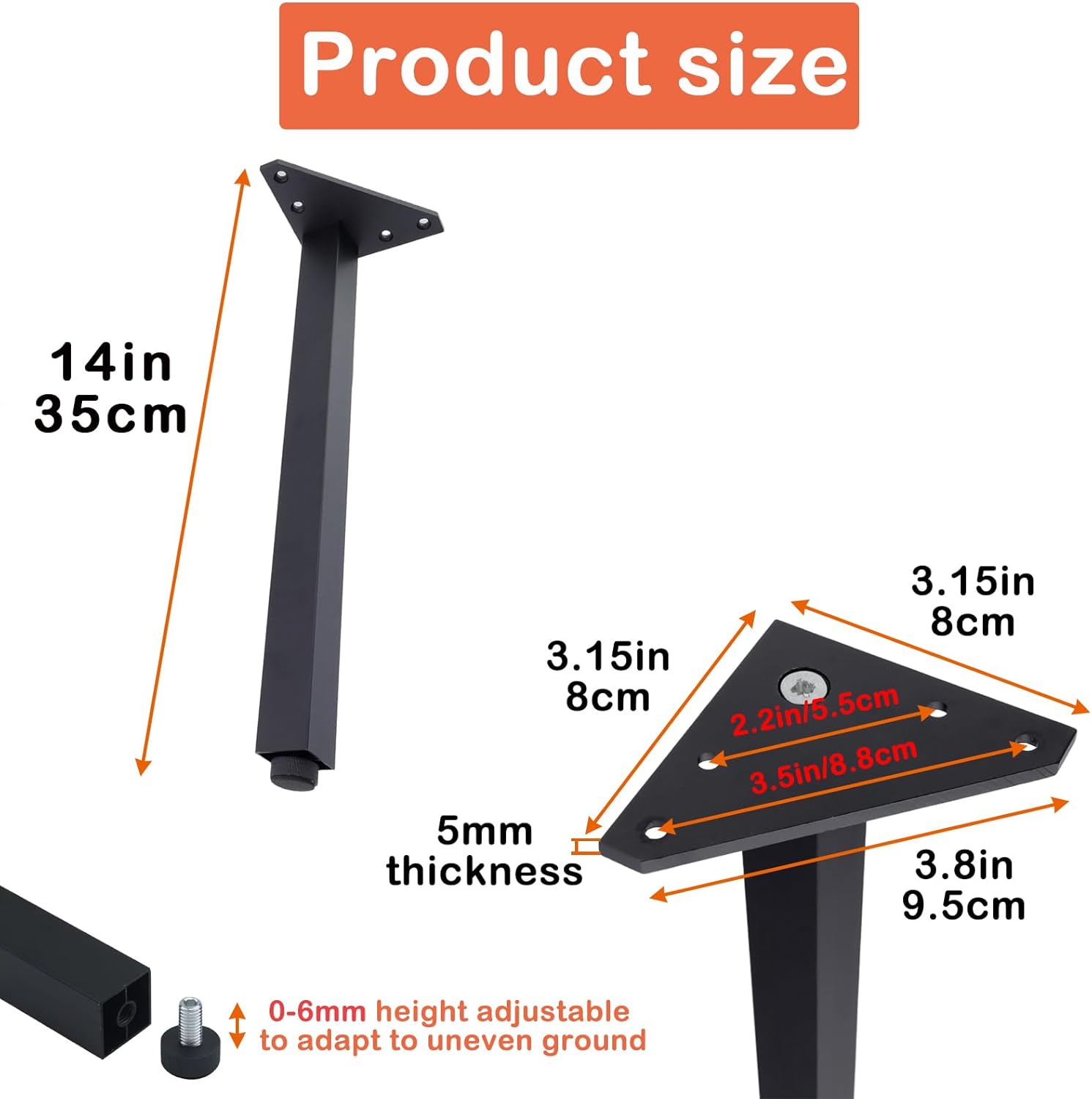 Geesatis 14 Inch Heavy Duty Adjustable Table Legs - Set of 4, 1000lbs Capacity, Aluminum Alloy Furniture Legs for Desks, Cabinets, Sofa & Bed with Pre-Attached Screws (Black)