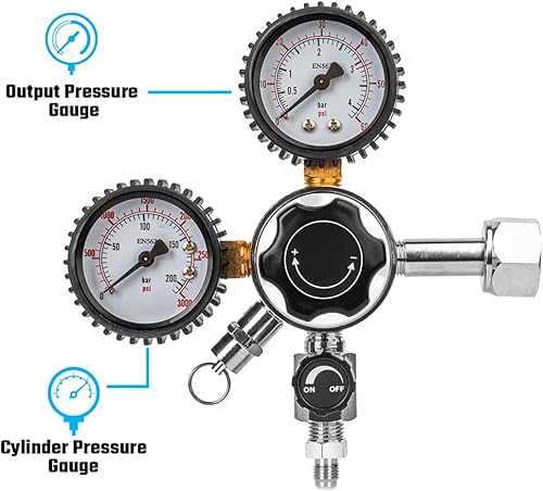 Miniatura 4 de CGA-320 Regulador de barril, regulador de presión de CO2 de doble calibre con 2 tuercas giratorias de 1/4 pulgadas y 5/16 pulgadas, presión de