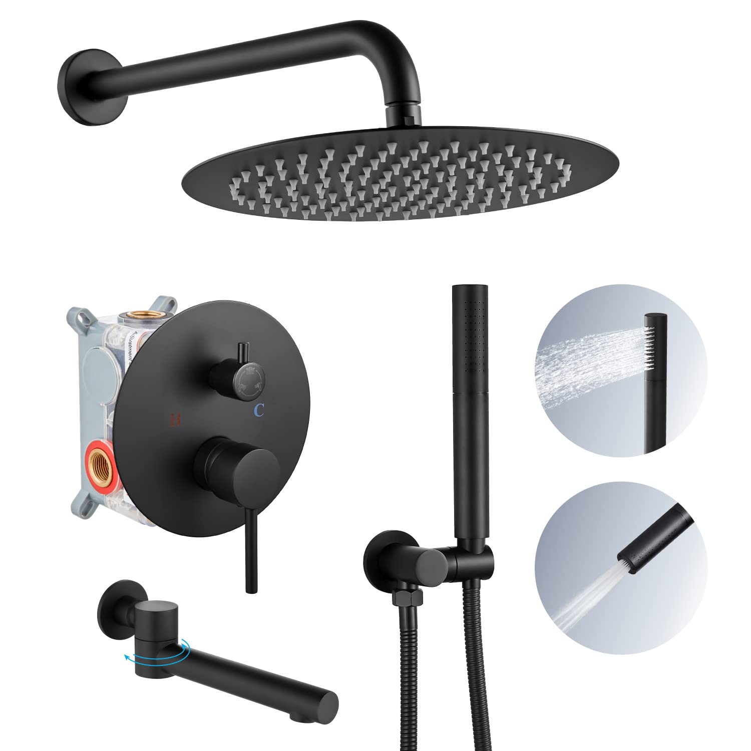 AiruidaMatte Black Shower System with Tub Spout 12 Inch Round Rainfall Shower Head Shower System 3-Function Tub Shower Faucet Set 2 Functions Handheld Spray and Shower Faucet Combo