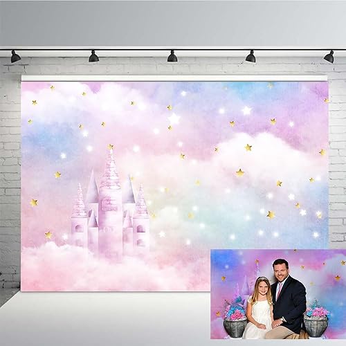 MEHOFOND Acuarela de arco iris pastel para estudio fotográfico, decoración de fondo para cabina de estudio fotográfico, estrellas doradas, nube,
