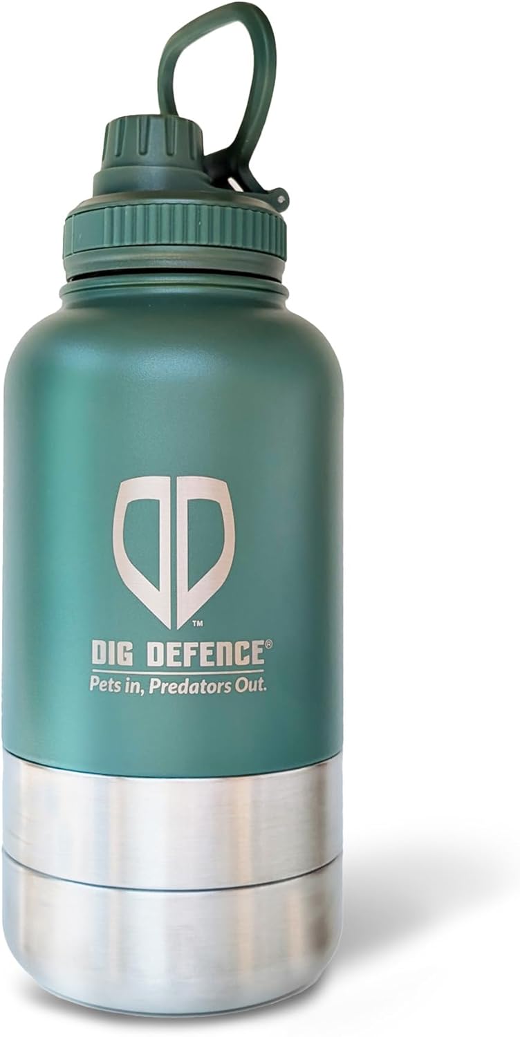 Dig Defence 3 in 1 Pet Feeder and Water Bottl, Portable Leak Proof Insulated Stainless Steel Travel Bowl and Water Bottle Combo, 32Oz