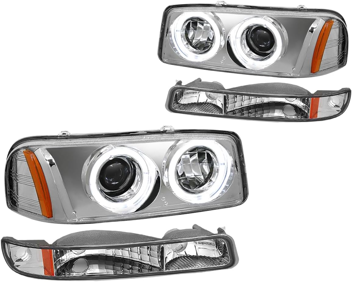 PM PERFORMOTOR Chrome Housing Amber Corner LED U-Halo Projector Headlight Replacement Compatible With 99-07 Sierra 1500/01-07 Sierra 2500 HD / 3500/1500 HD, PMHL-GSIE-9906-4P-HA-P-CA