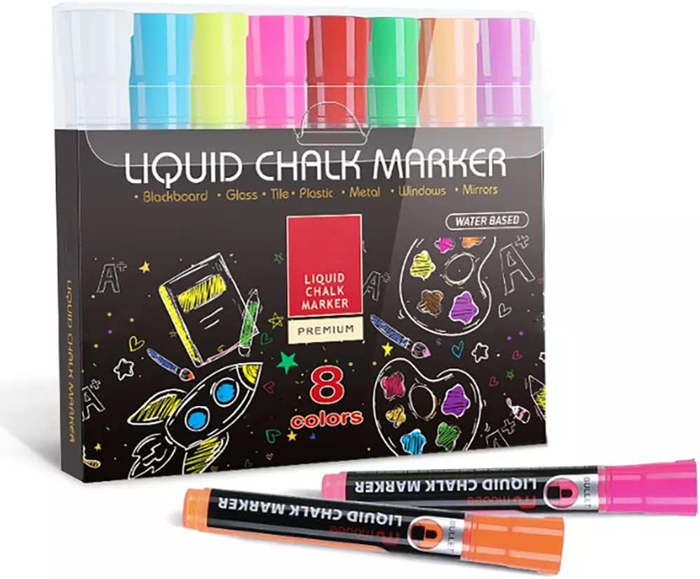 Liquid Chalk Markers, Water based 8 Colorful Chalk Pens for Whiteboard, Blackboard, Paper, Glass and Ceramics. Dust-free Erasable Marker Pens for School, Office and Home.