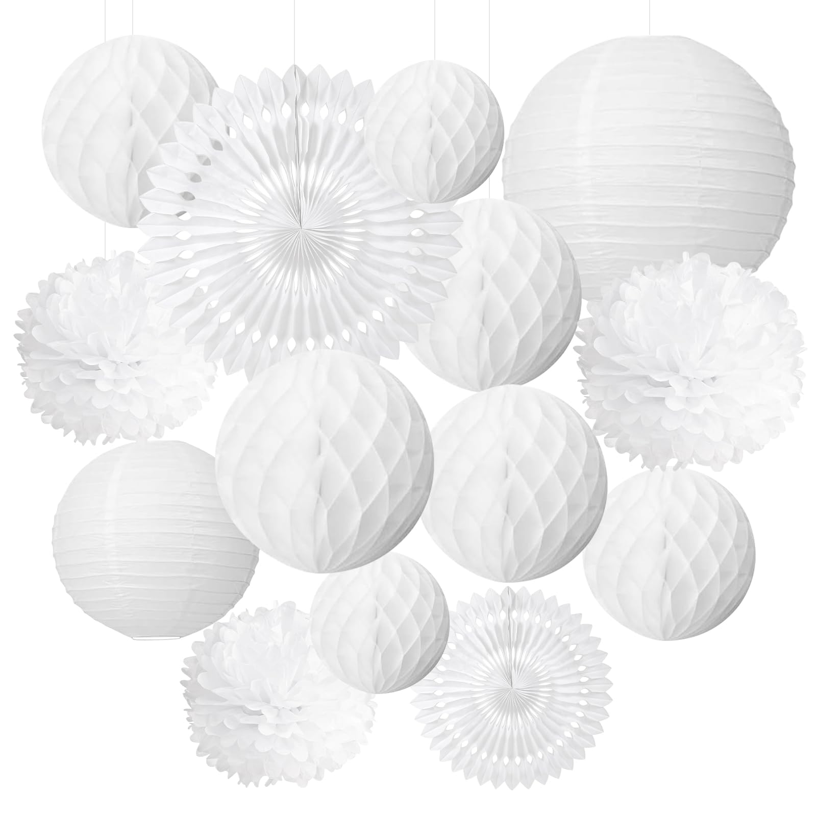 White Party Decoration Kit Hanging Tissue Pom Poms Flowers White Paper Fans Lanterns Honeycomb Balls for Wedding Engagement Birthday Baby Bridal Shower Party Decoration Easy Joy