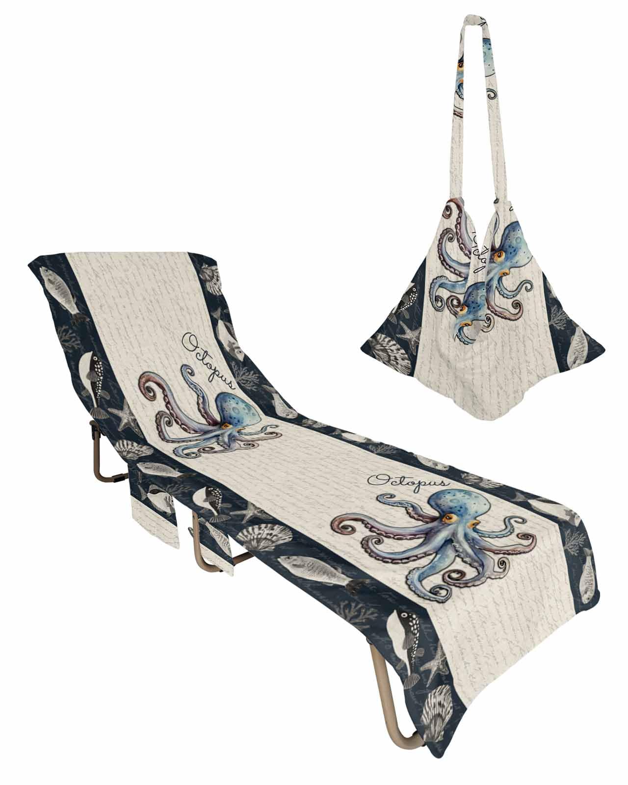 Coastal Octopus Beach Lounge Chair Towel Cover, Soft Chaise Lounge Towel with Side Pockets Patio Pool Chairs Cover for Beach/Pool Sunbathing 29x85 Nautical Ocean Beach Fish Starfish
