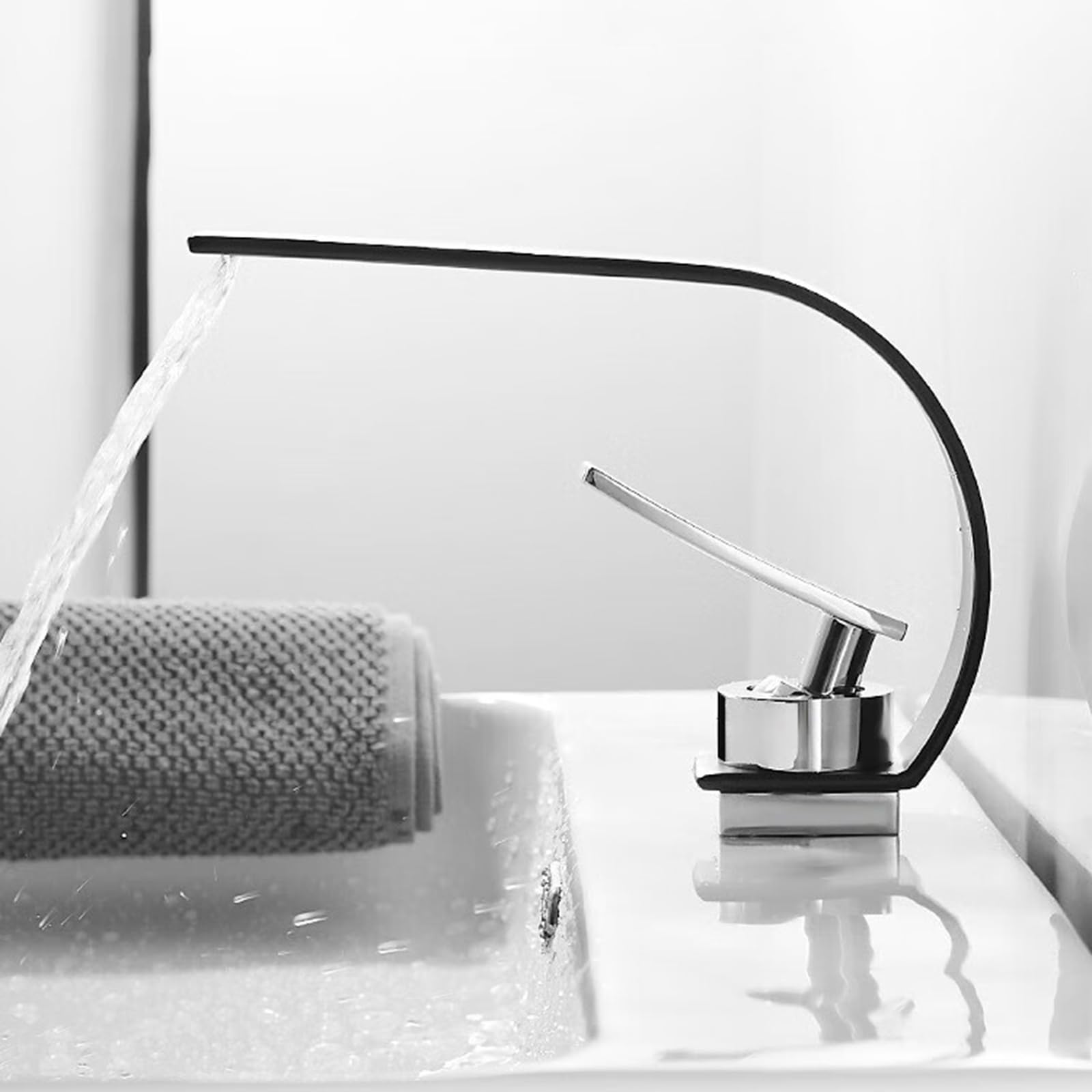 Wasserfall-Armatur Für Waschbecken – Schwarz+Chrom, Einhebelmischer, Messing – Einlochmontage