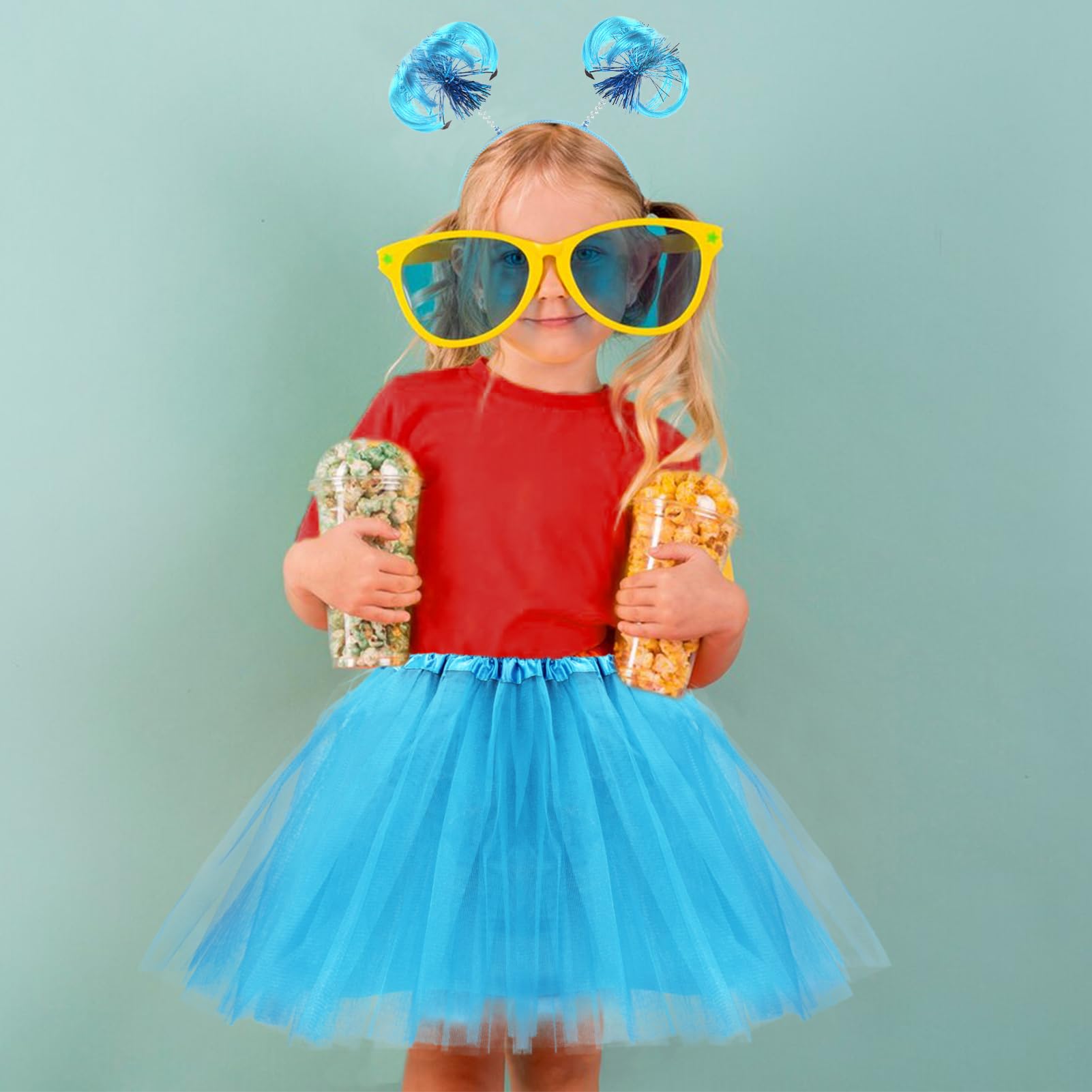 Conjunto de accesorios para disfraz de tutú de tul para niña, camiseta roja, falda tutú, calcetines altos a rayas hasta el muslo, diadema azul