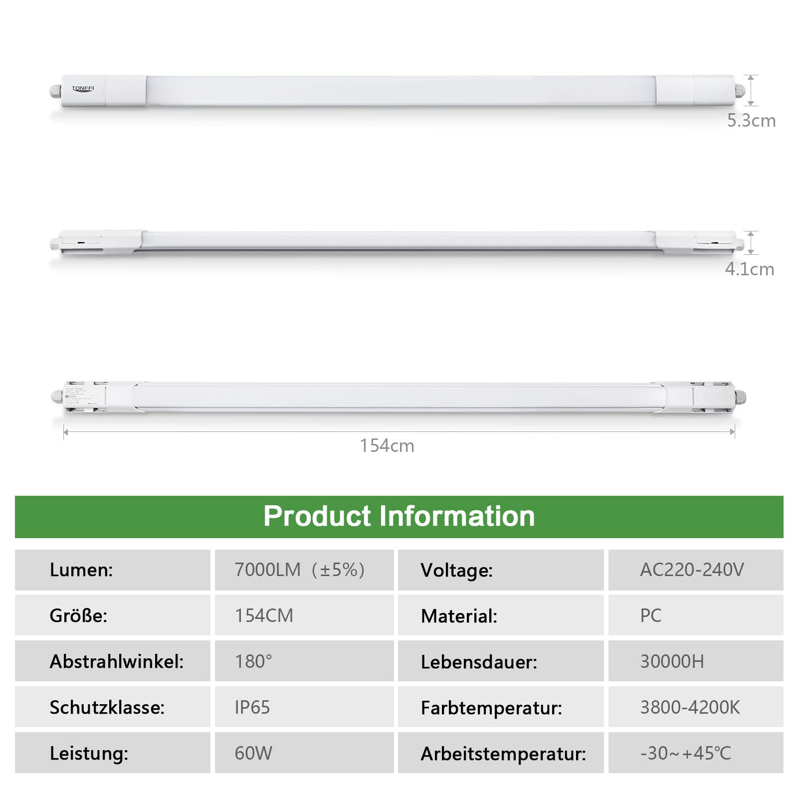 TONFFI 10 Stück LED Feuchtraumleuchte 150CM, 60W 7000LM 4000K Neutralweiß Verknüpfbar LED Deckenleuchte Röhre, IP69 Wasserfest Wannenleuchte Werkstattlampe für Keller Lager Garage Warenhaus