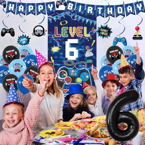 Image of Vlipoeasn Blue 6th Birthday Decorations for Boys, Video Game Level 6 Banner Backdrop Hanging Swirls for 6th Birthday Party, Gamer 6 Years Old Party Supplies