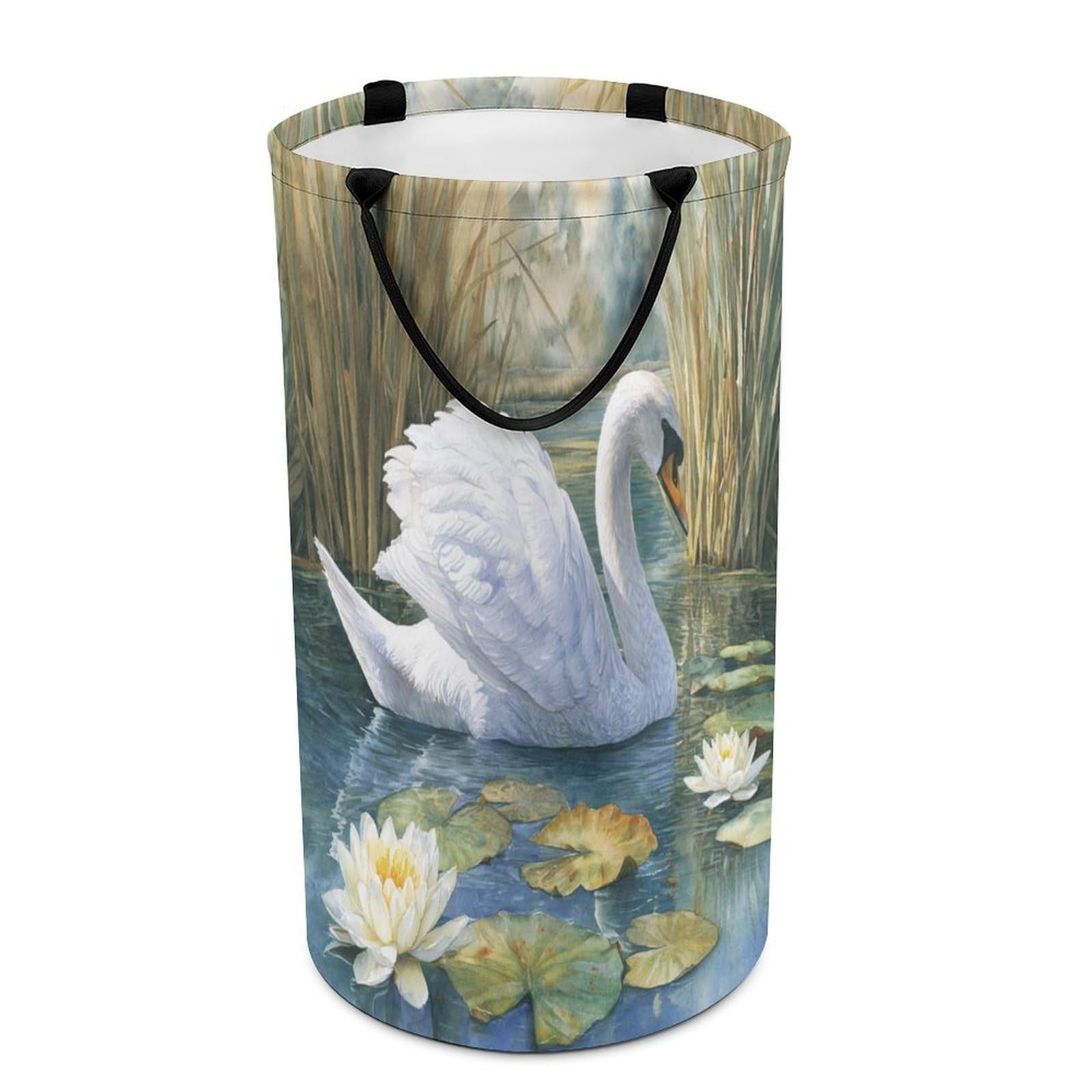 LUYYSKY Beautiful Abstract Elegant Swan Collapsible Dirty Clothes Basket, Fantasy Watercolor Lake Lotus Floral Animal Swan Pattern Portable Clothes Storage Basket