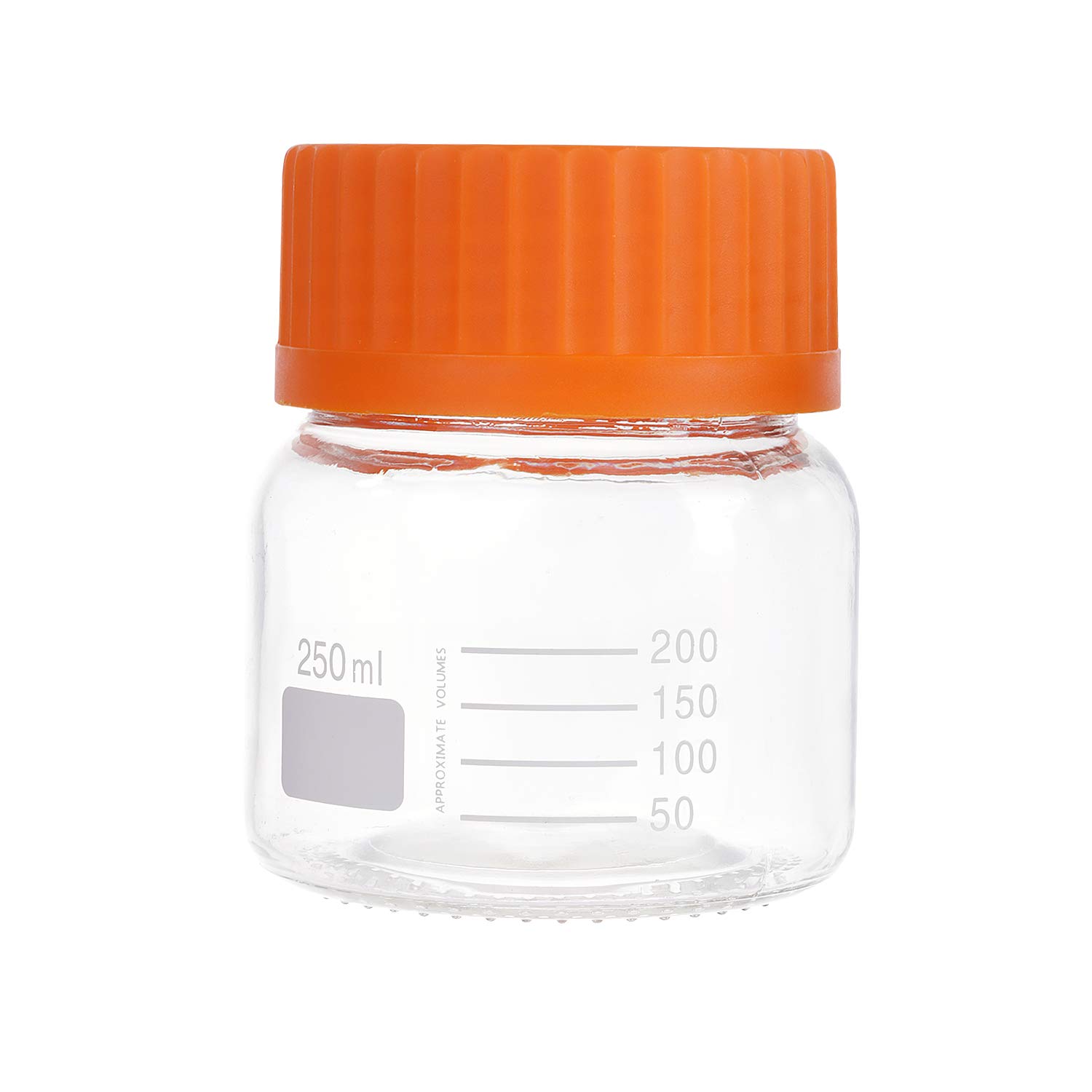 Pyrex - Paquete de 6 botellas de vidrio redondas graduadas de boca ancha de 250 ml con tapón de rosca de polipropileno naranja GL80