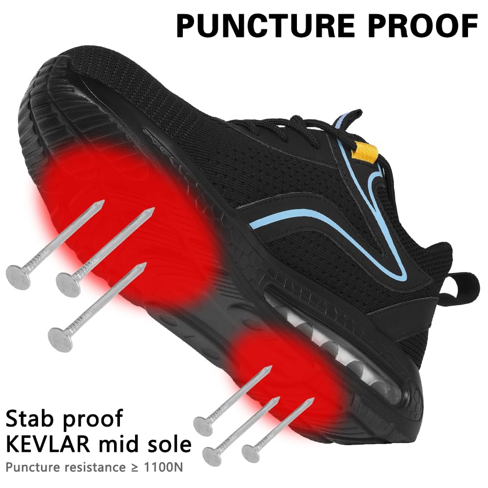 OFFCUP Męskie buty ochronne, buty ochronne, buty robocze ze stalowym noskiem, lekkie, wygodne buty ochronne, buty robocze, trampki przemysłowe, z poduszką powietrzną, czarne