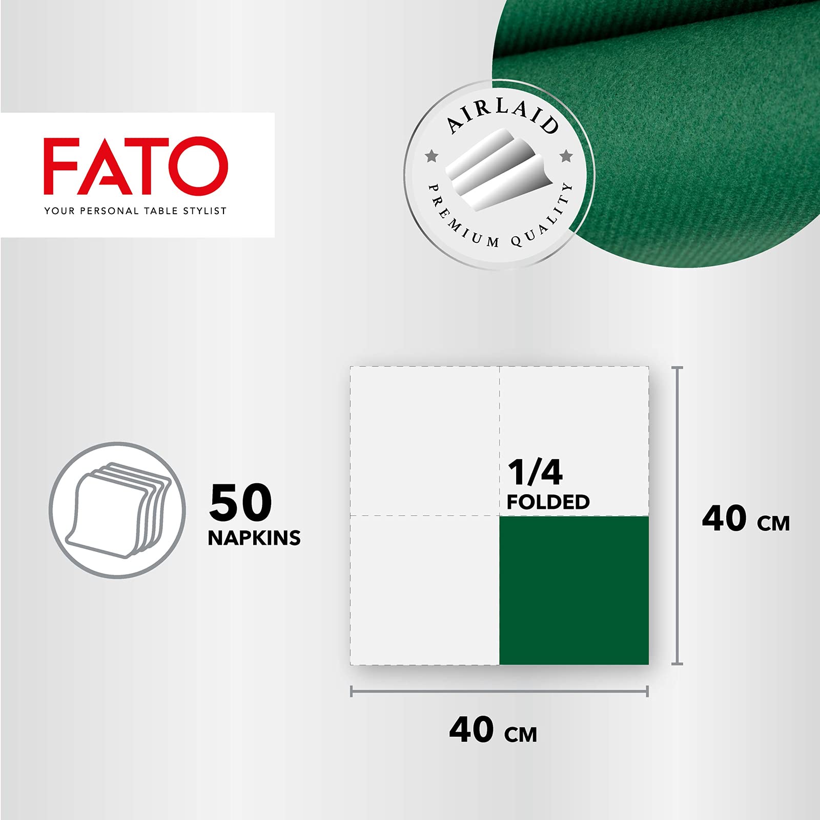 Fato, Suche serwetki papierowe, Airlaid, efekt materiału, opakowanie 50 serwetek, rozmiar 40 x 40 złożone na 4, kolor zielony leśny