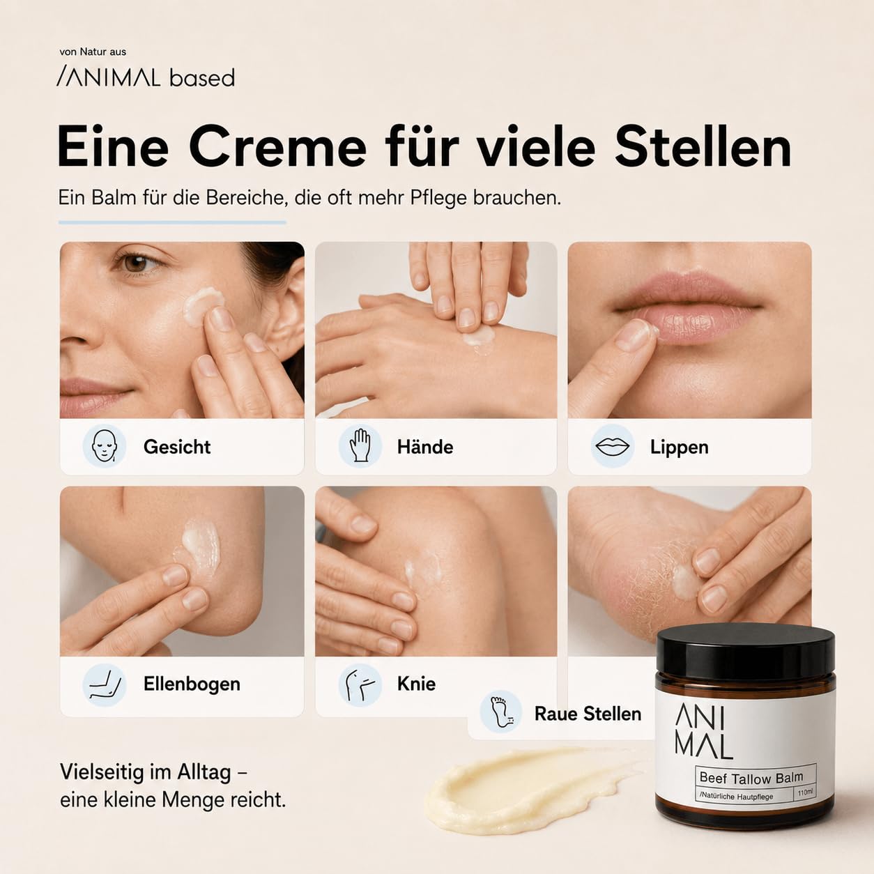 Animal Based Beef Tallow Balm 110ml - Rindertalg Gesichtscreme - Natürliche Hautpflege mit Rinderfett, Olivenöl, Bienenwachs & Vitamin E - Beef Tallow Creme - Beef Tallow Skincare - halal