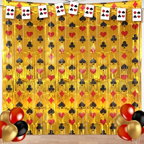 Image of Feifeiya 2 Pack Casino Theme Party Decorations 3.3 x 6.6 ft Foil Fringe Curtains Metallic Gold Tinsel Streamers with Red Black Poker Card Patterns for Game Night Bachelorette Graduation