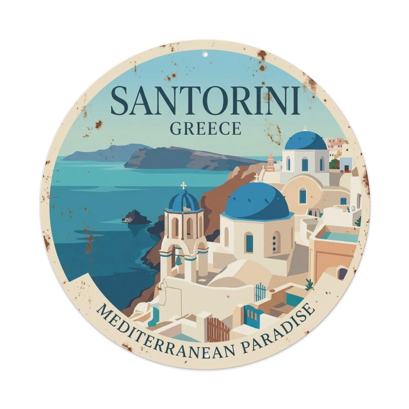 Vintage Travel Villa Santorini Whitewashed Metal Tin Sign
