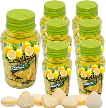 Sour Sugar Free Lemon & Strawberry Flavour Sweets   Assorted Variety Candy in Bottle, 70 Pieces, 46g Mixed Fruit Flavour Boiled Sweets   Smt 6 x Bottle, Lemon