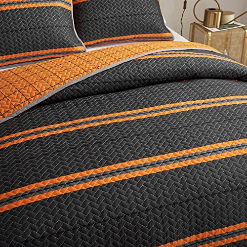 Flysheep Modern Boho Quilt Set King, 3 Pcs Bright Orange Striped On Black Bedspread, Soft Microfiber Coverlet For All Season - 1 Quilt And 2 Pillow Shams #TOP1