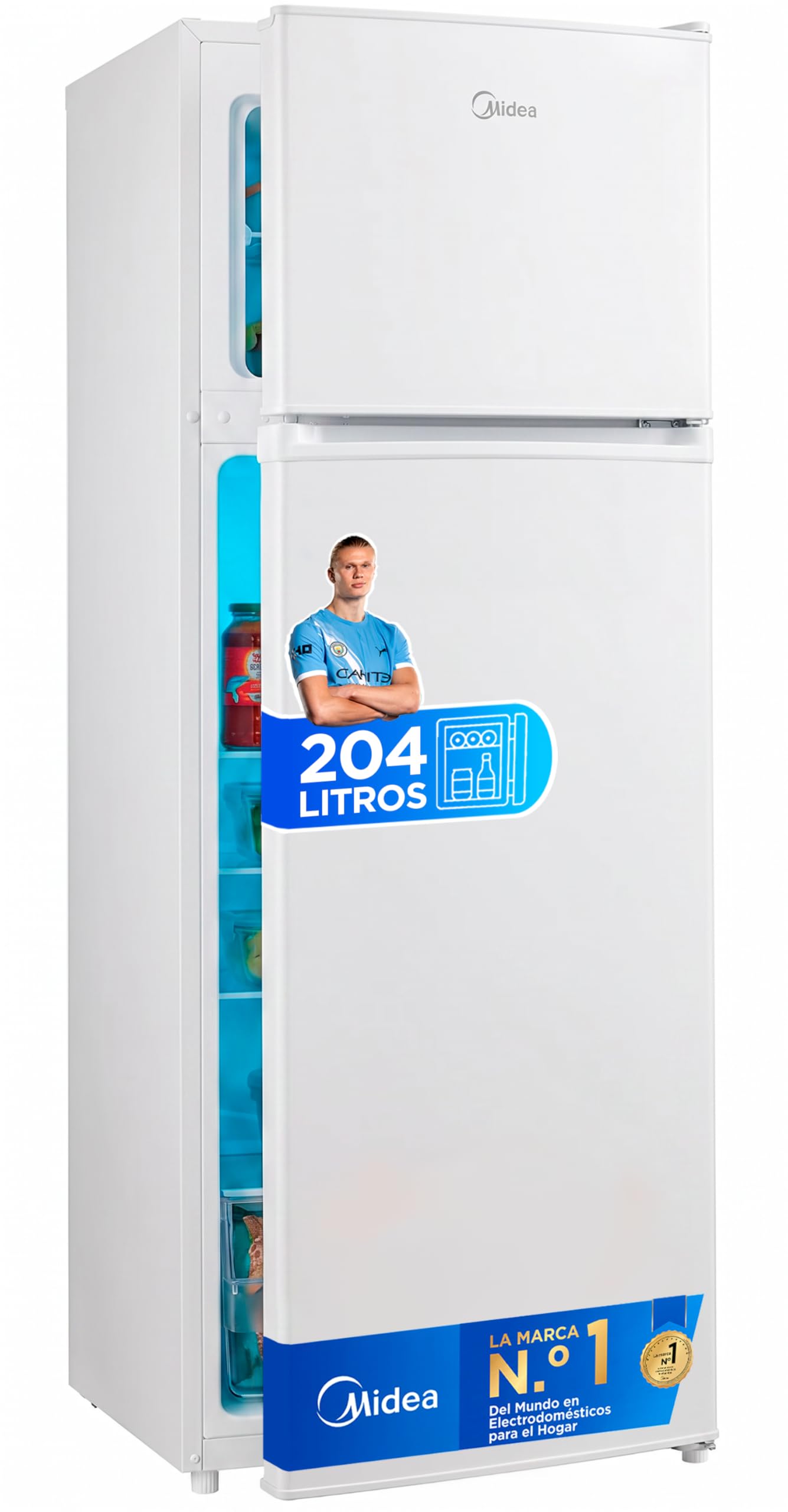 Midea Frigorífico 2 puertas 140 cm alto x 55 cm ancho, Blanco, Capacidad 204 L, Nevera Pequeña con Congelador Low Frost de Bajo Consumo, Puerta Reversible, Luz LED, Silencioso 40dB, Cajón de Frutas