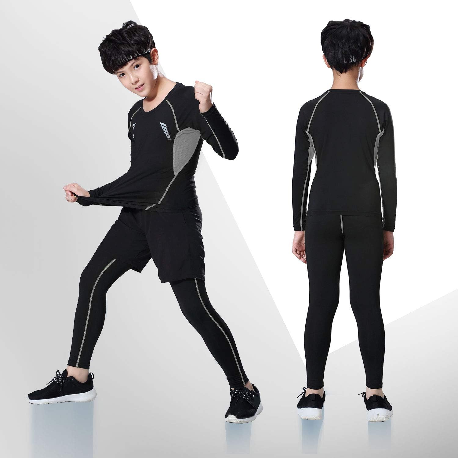 2/3/4 Pcs Boys Girls Base Layer Athletic Compression Leggings and Shirts Thermal Underwear Set Running Pants Tights - Image 4