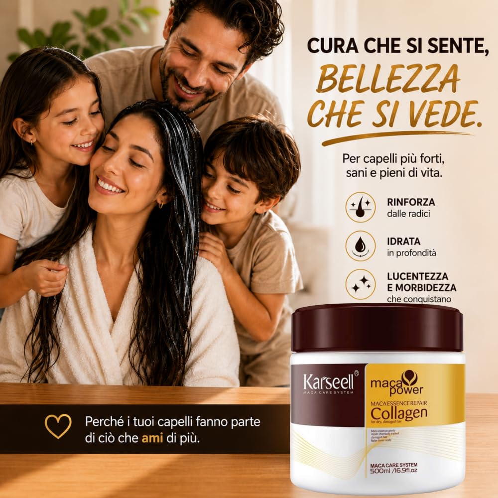 Karseell MACA CARE SYSTEM Maschera Capelli Professionale Collagene Olio Argan Cocco Avocado Cheratina Karité Ristrutturante Nutriente Idratante Anticrespo Capelli Secchi Danneggiati Rovinati 500ml