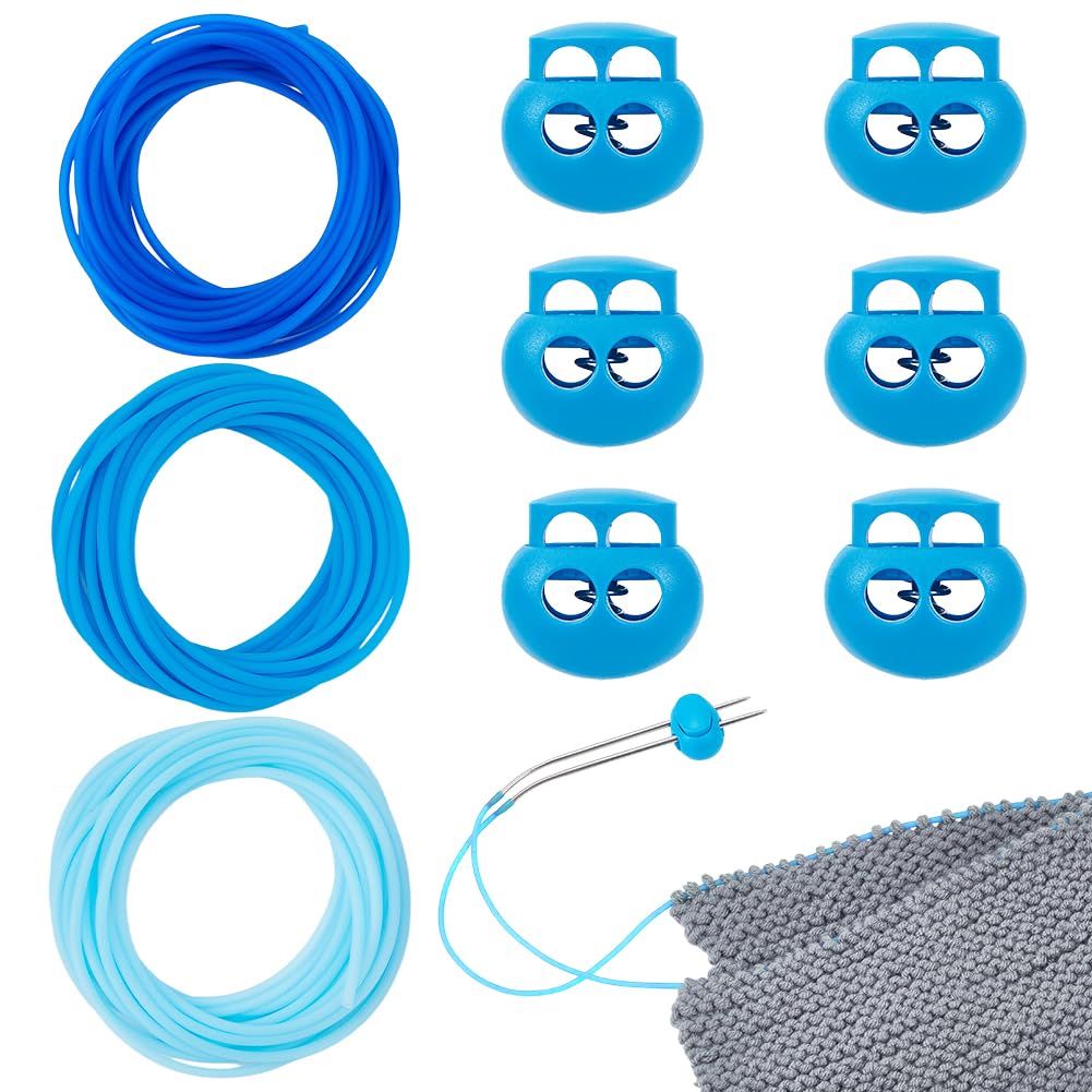NBEADS 9.8 Yards Stitch Keeping Cords, 2mm Hollow Rubber Tubing Knitting Barber Cord with 5.5mm Hole Needle Stoppers for Holding Stitches Bracelet Necklace Beading, Blue Series