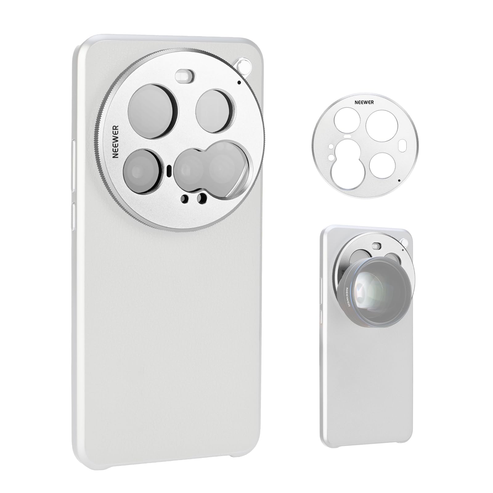 NEEWER 15 Ultra Lens Backplate, Aluminum Alloy 17mm Thread Phone Lens Adapter Holder for Main & Telephoto Cameras, Compatible with Xiaomi 15 Ultra Original Phone Case, PA111 (Silver)