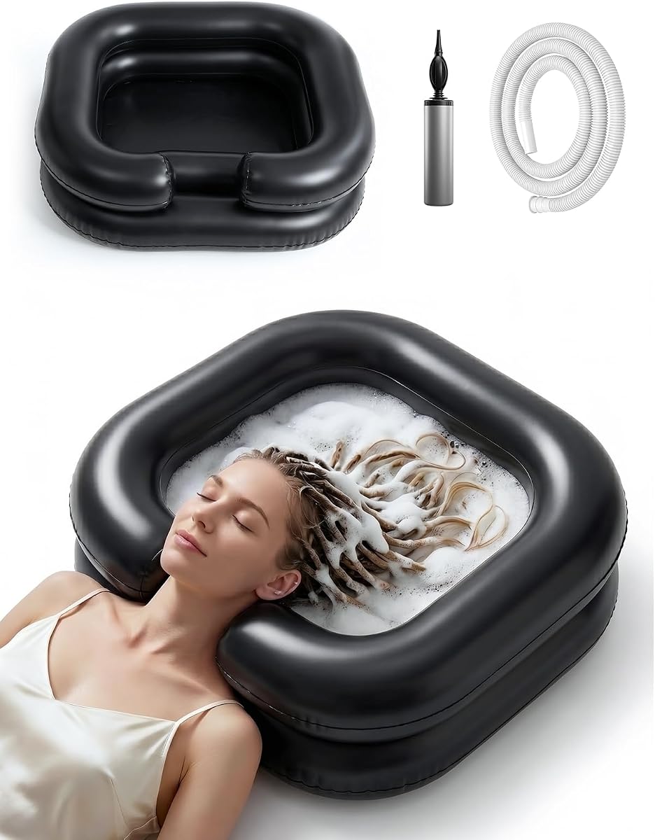 Lavabo de champú inflable, cuenco de champú portátil para niños mayores postrados en cama | Soporte para el cuello para mayor comodidad, liviano y portátil, fácil de limpiar, lavabo para lavar el cabello con drenaje, bomba incluida
