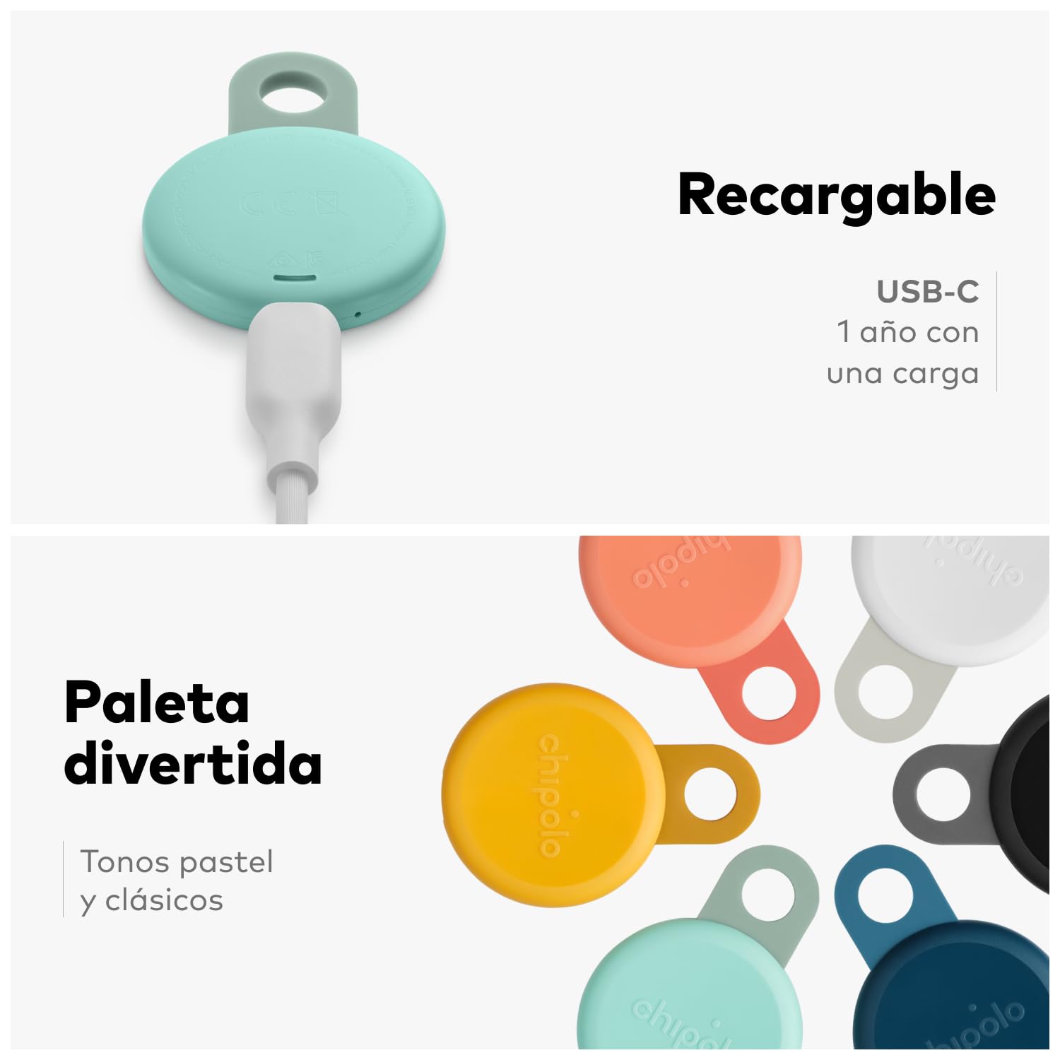 Chipolo Loop - Dispositivo de rastreo Bluetooth Recargable para Llaves y Bolsos, Compatible con Buscar de Apple o con Localizador de Google, Llama tu móvil y Alertas Fuera de Alcance - 4 Pack