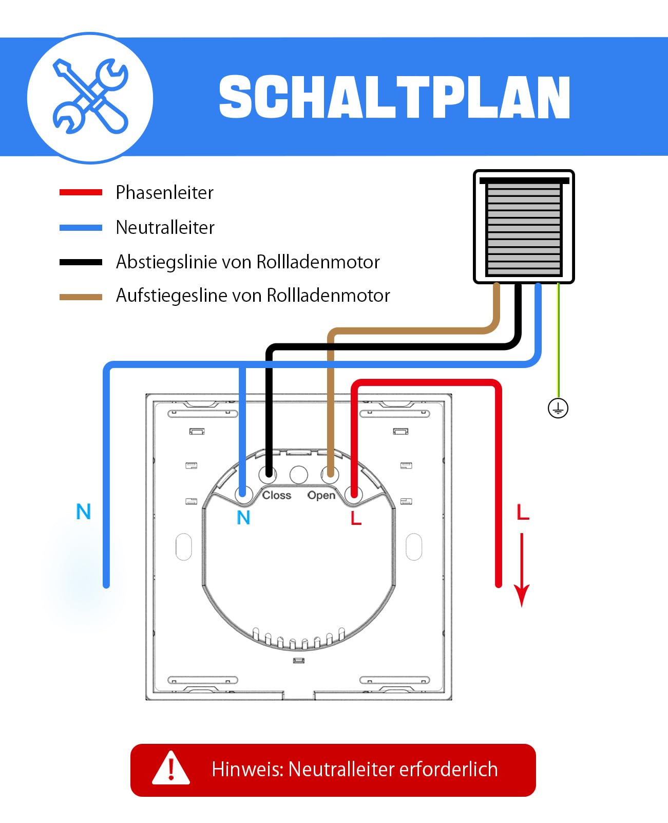 Smart Rolladenschalter, Wlan Jalousie Schalter mit schaltbaren LEDs, Kompatibel mit Amazon Alexa/Google Assistant, Neutralleiter erforderlich 80x80 mm